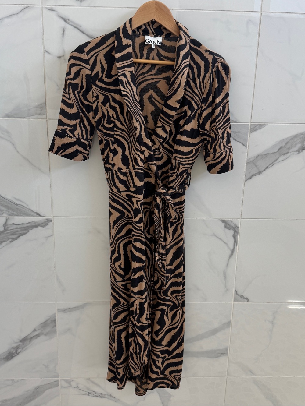 Ganni Tiger Stripe Print Wrap Midi Dress - size 36 - lightweight and summery